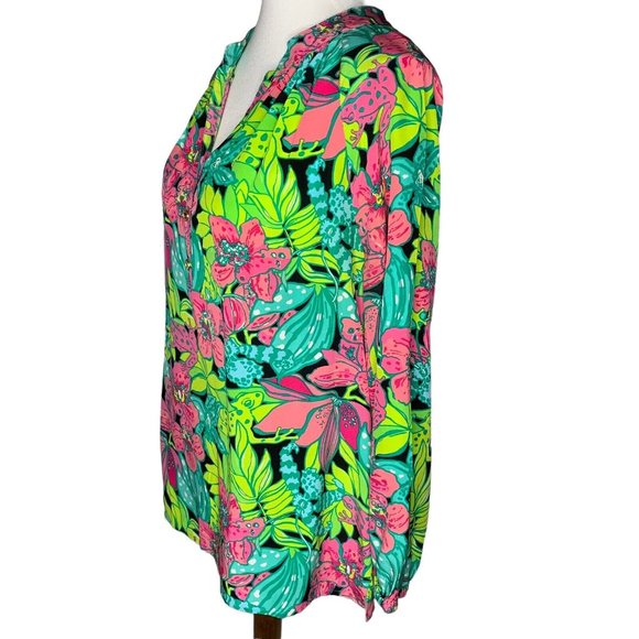 Lilly Pulitzer Skip On It Elza Top Blouse Size Medium 100% Silk Frogs Floral - Picture 3 of 7
